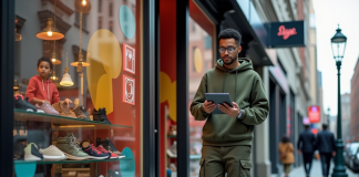 Jeune homme en streetwear devant boutique de sneakers en ville