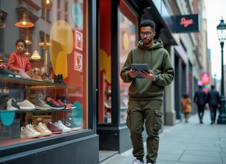 Jeune homme en streetwear devant boutique de sneakers en ville