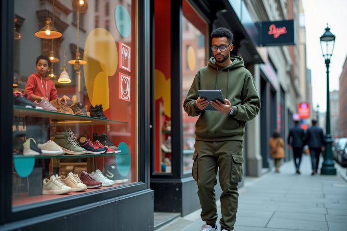 Jeune homme en streetwear devant boutique de sneakers en ville