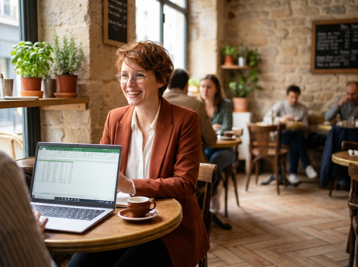 Jeune femme entrepreneuse portant des lunettes rondes à monture fine travaillant dans un café parisien avec un ordinateur portable