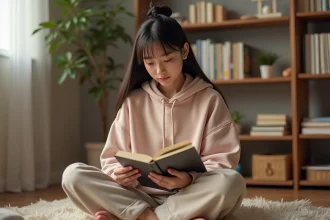 Jeune femme lisant un manga BL entourée de volumes empilés dans une chambre cosy — erreurs fréquentes des nouveaux fans yaoi