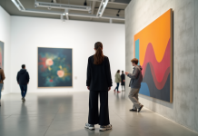 Jeune femme observant une peinture abstraite dans une galerie d'art
