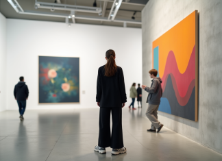 Jeune femme observant une peinture abstraite dans une galerie d'art