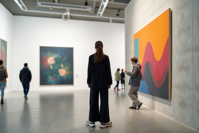 jeune-femme-art-galerie Jeune femme observant une peinture abstraite dans une galerie d'art