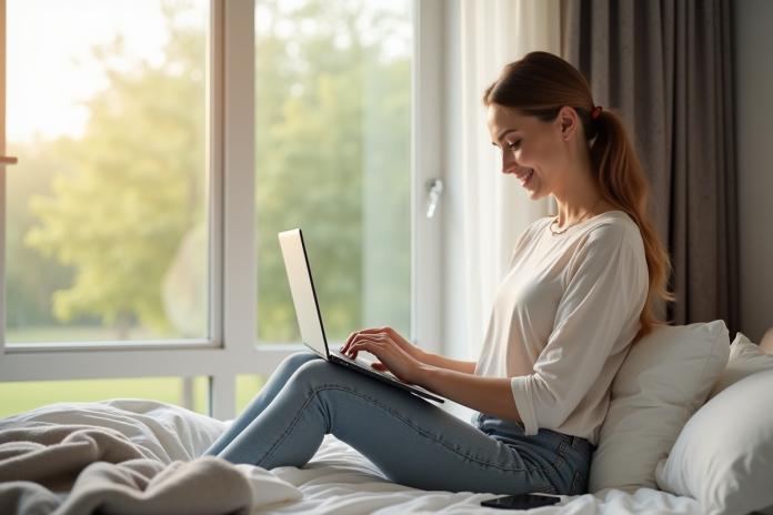 Jeune femme souriante ferme son ordinateur dans une chambre lumineuse