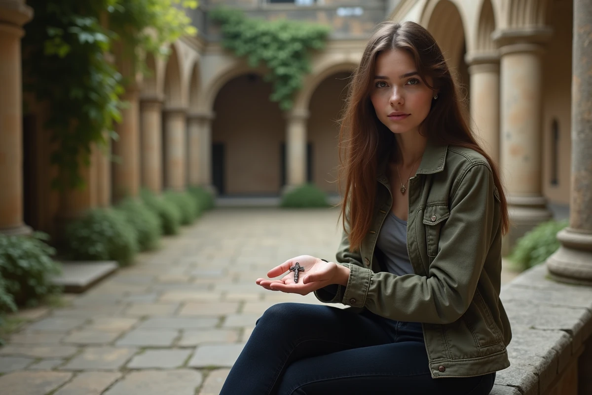 Jeune femme moderne tenant une croix pattée dans un cloître