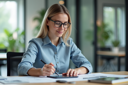 Jeune femme en bureau moderne esquissant un modèle 3D