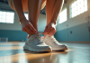 Jeune femme nouant ses chaussures de sport dans une salle lumineuse