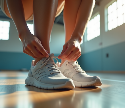 Pourquoi les chaussures de sport pour femme en salle sont essentielles Jeune femme nouant ses chaussures de sport dans une salle lumineuse