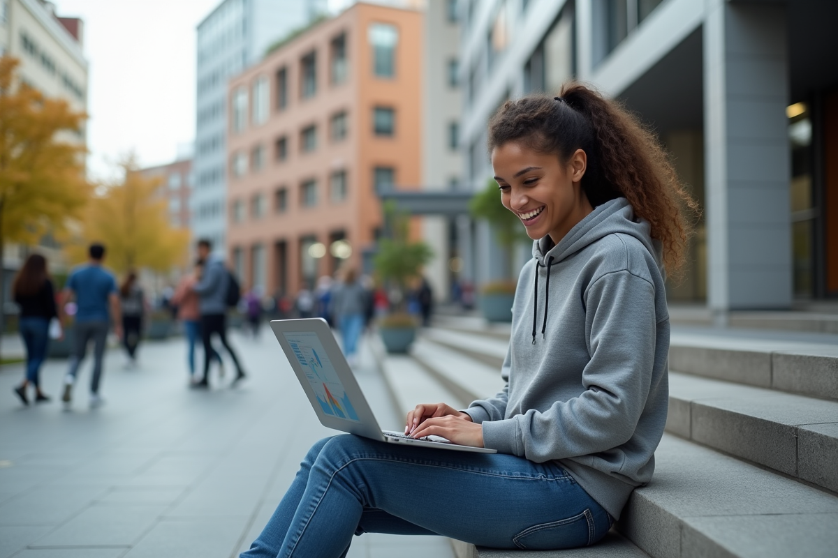 Jeune femme travaillant sur un ordinateur en plein air en ville