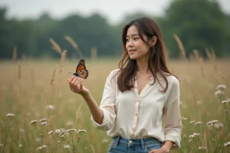 Jeune femme dans un champ de fleurs avec un papillon monarque