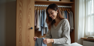 Jeune femme organisant sa garde-robe dans une chambre chaleureuse