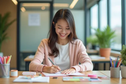 Jeune femme organisée avec papeterie kawaii dans un bureau lumineux
