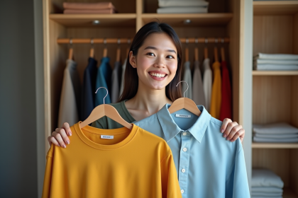 Jeune femme devant un vestiaire organisee souriante