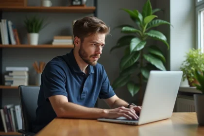 Jeune homme au bureau recherchant une adresse en ligne