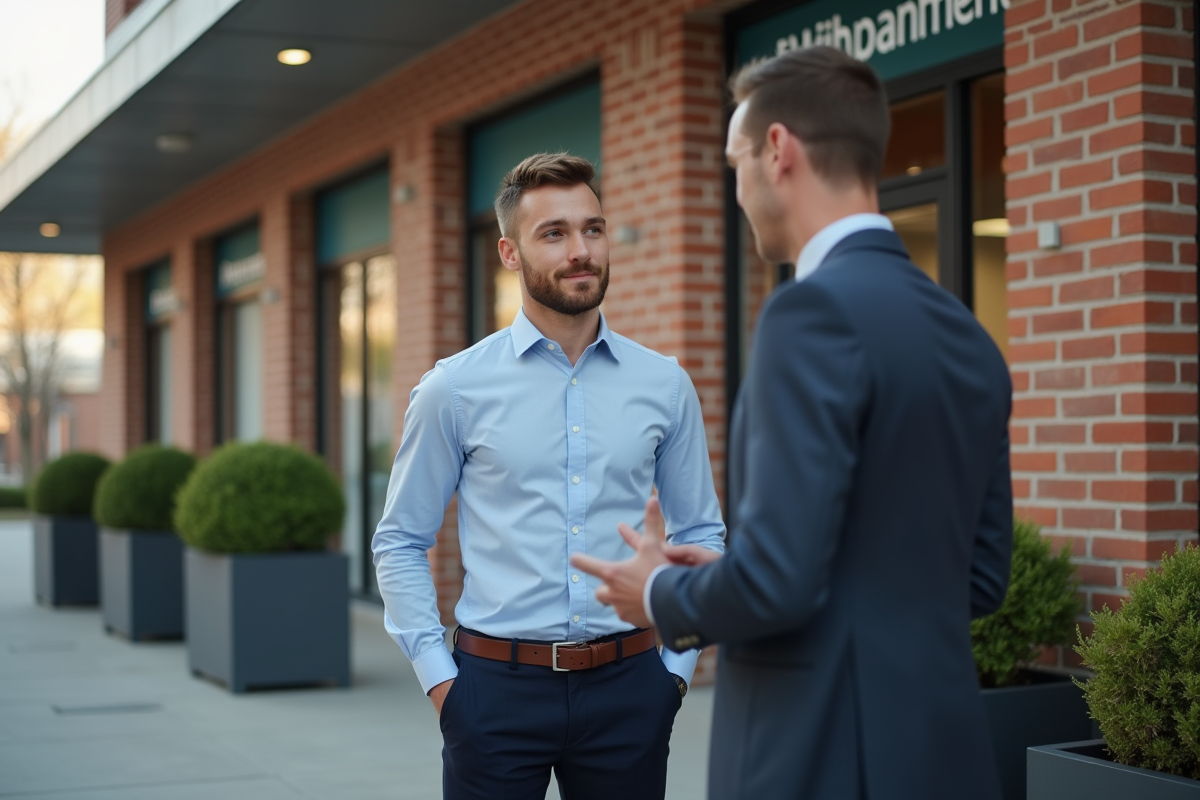 Jeune homme parlant avec un conseiller devant une banque