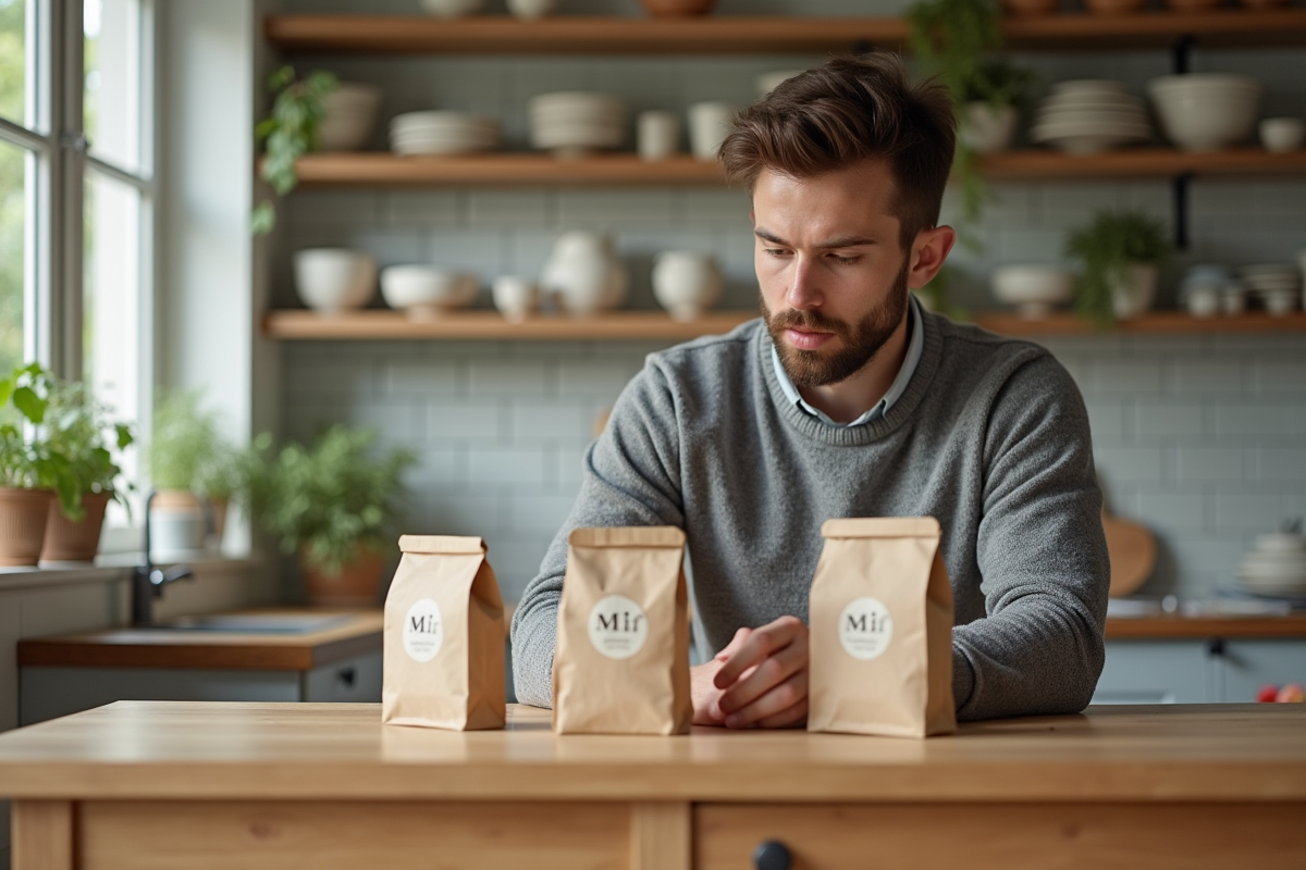 Jeune homme comparant des emballages Made in France à la maison