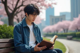 Jeune homme contemplant un manga dans un parc tokyoïte