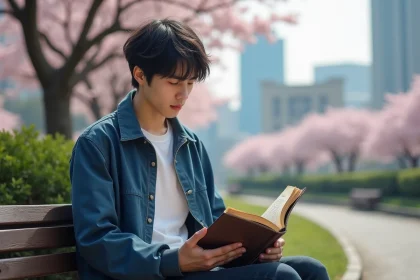 Jeune homme contemplant un manga dans un parc tokyoïte