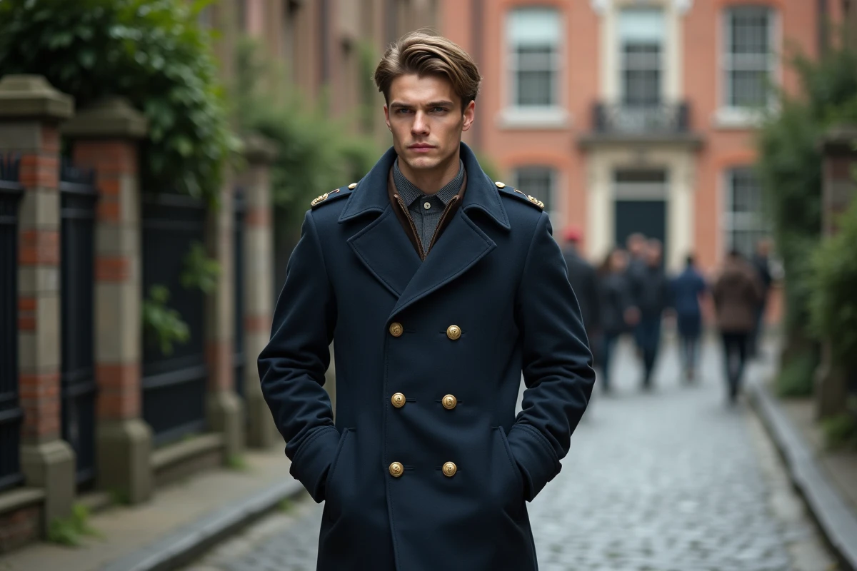 Jeune homme en manteau marche dans une rue historique