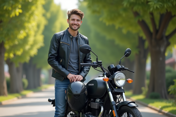 Jeune homme avec casque et moto 125cc devant maison