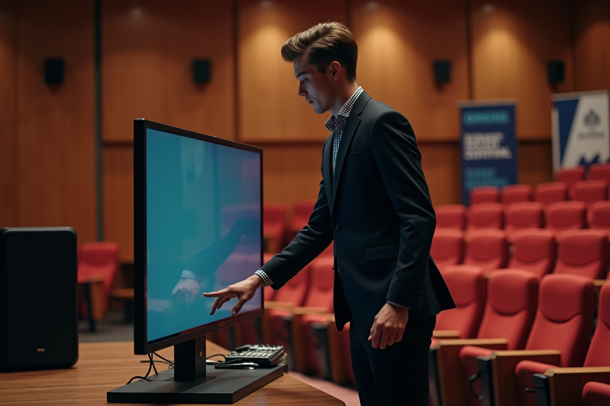 Jeune homme en costume vérifiant le matériel sur scène
