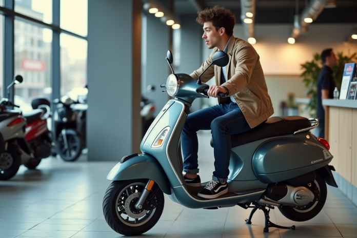 Jeune homme examine un scooter 50cc en concession