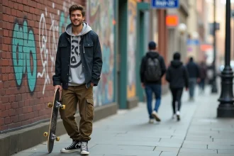 Jeune homme avec skateboard devant mur graffiti urbain
