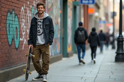 Jeune homme avec skateboard devant mur graffiti urbain