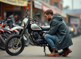 Où dénicher une occasion 125 cm³ cross de qualité ? Jeune homme inspectant une moto 125cc d'occasion à l'extérieur