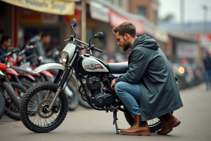 Jeune homme inspectant une moto 125cc d'occasion à l'extérieur