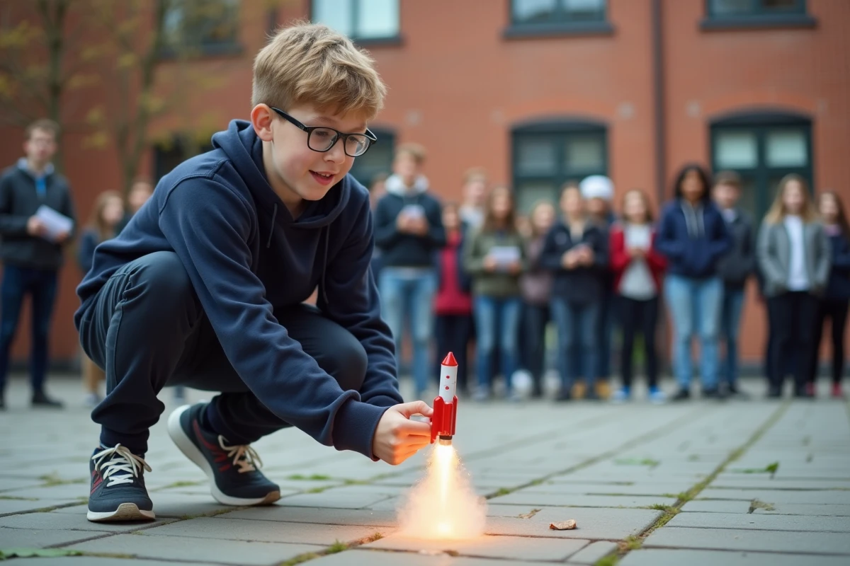 Adolescent lançant une fusée faite maison dans la cour d école