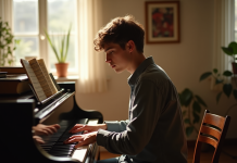 Musicien jeune homme au piano dans un studio lumineux