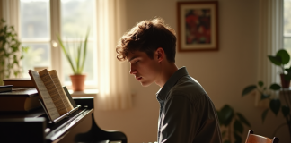 Musicien jeune homme au piano dans un studio lumineux