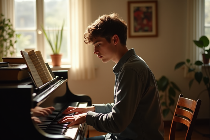 Musicien jeune homme au piano dans un studio lumineux
