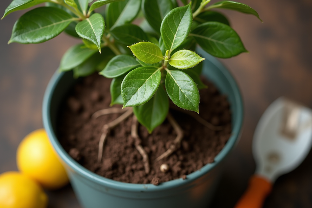 Gros plan sur jeune plant de citronnier dans un pot avec outils