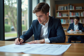 Jeune homme en costume examine des plans architecturaux
