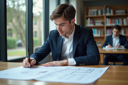 Jeune homme en costume examine des plans architecturaux