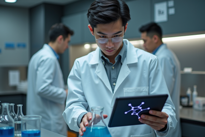 Jeune homme scientifique en laboratoire avec liquide bleu et tablette