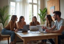 Jeunes adultes discutant avec papiers et ordinateurs dans un salon lumineux