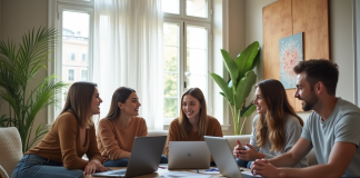 Jeunes adultes discutant avec papiers et ordinateurs dans un salon lumineux