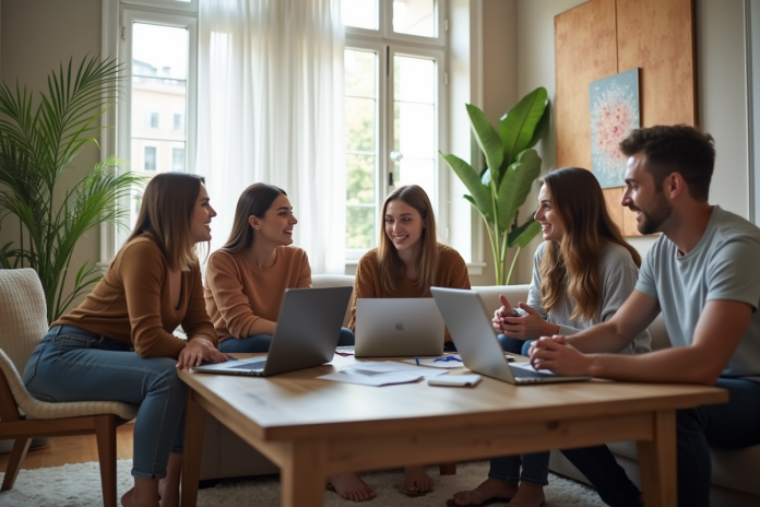 Jeunes adultes discutant avec papiers et ordinateurs dans un salon lumineux