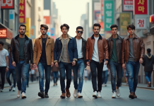 Groupe de jeunes hommes stylés dans une rue de Seoul