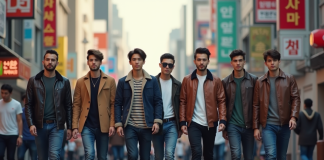 Groupe de jeunes hommes stylés dans une rue de Seoul