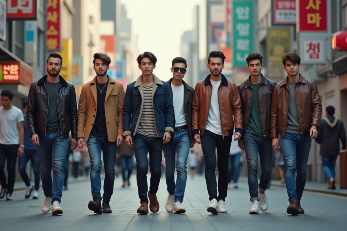 Groupe de jeunes hommes stylés dans une rue de Seoul