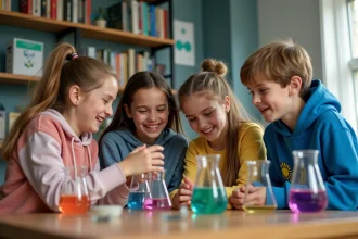 Groupe de jeunes construisant une experience scientifique