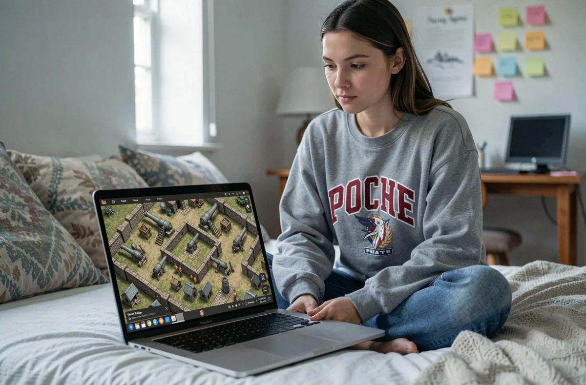 Joueuse adulte étudiant un plan de base HDV 11 optimisé sur ordinateur portable pour attaques 3 étoiles