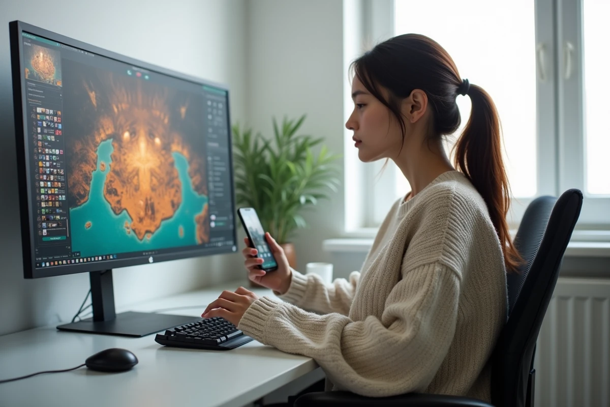 Joueuse solo coordonnant une partie en ligne sur un MMORPG fantasy de type Dofus depuis son bureau à domicile