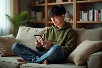 Jeune homme lisant One Piece en ligne sur smartphone confortablement installé dans son salon