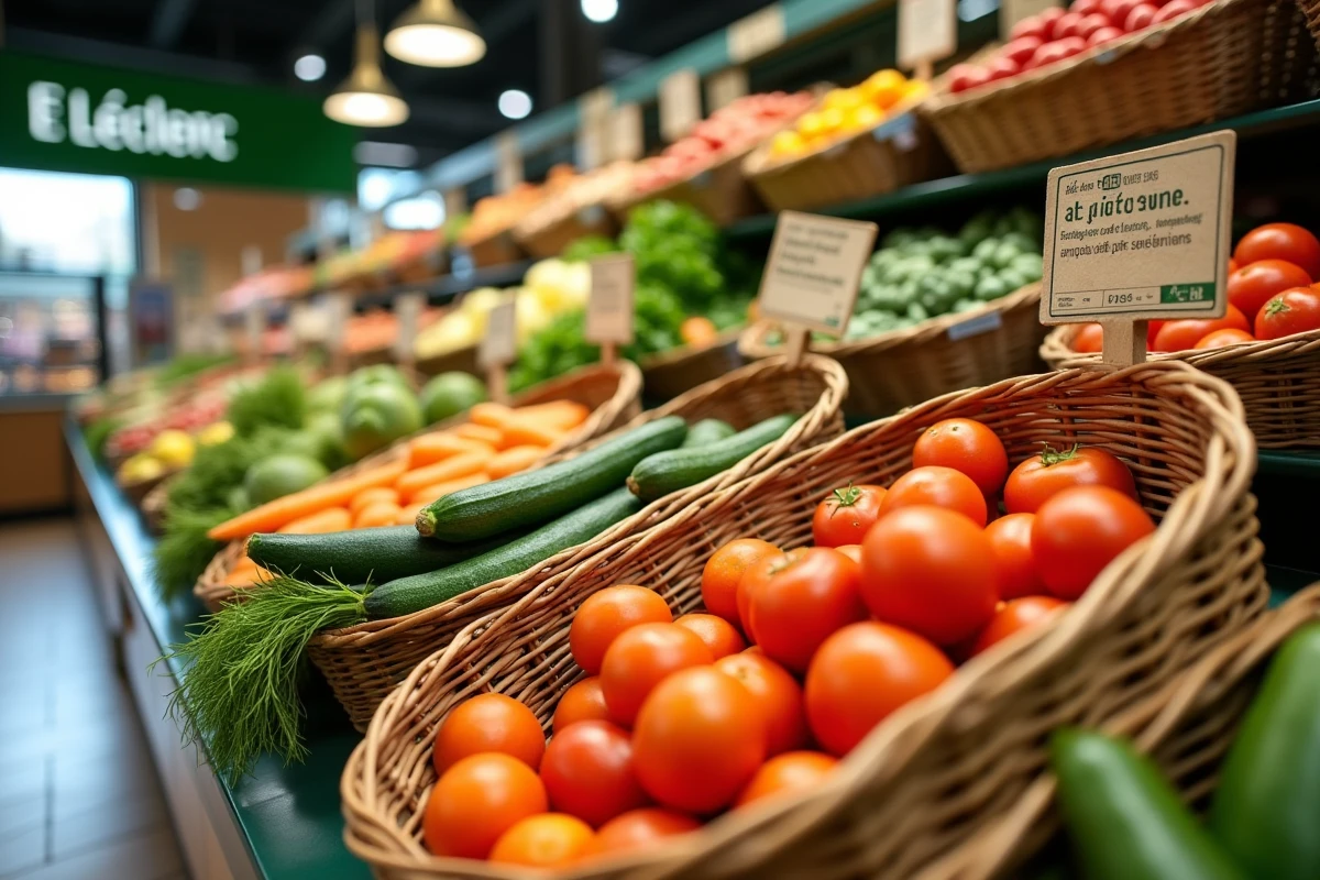 Étal de légumes biologiques et locaux en vrac dans un supermarché E.Leclerc avec labels AB